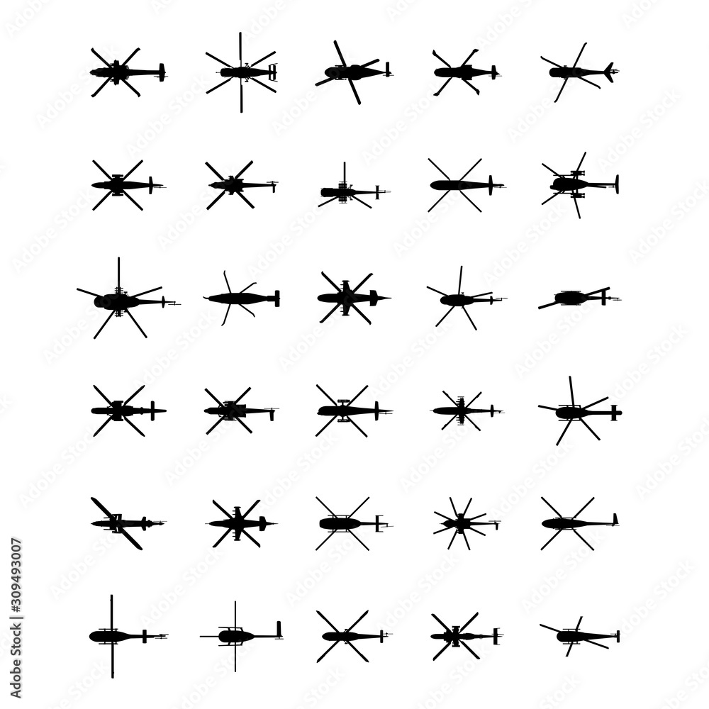 Combat military helicopters silhouette set. Isolated on white background. Vector EPS10. Combat military helicopters silhouette set. Isolated on white background. Vector EPS10.
