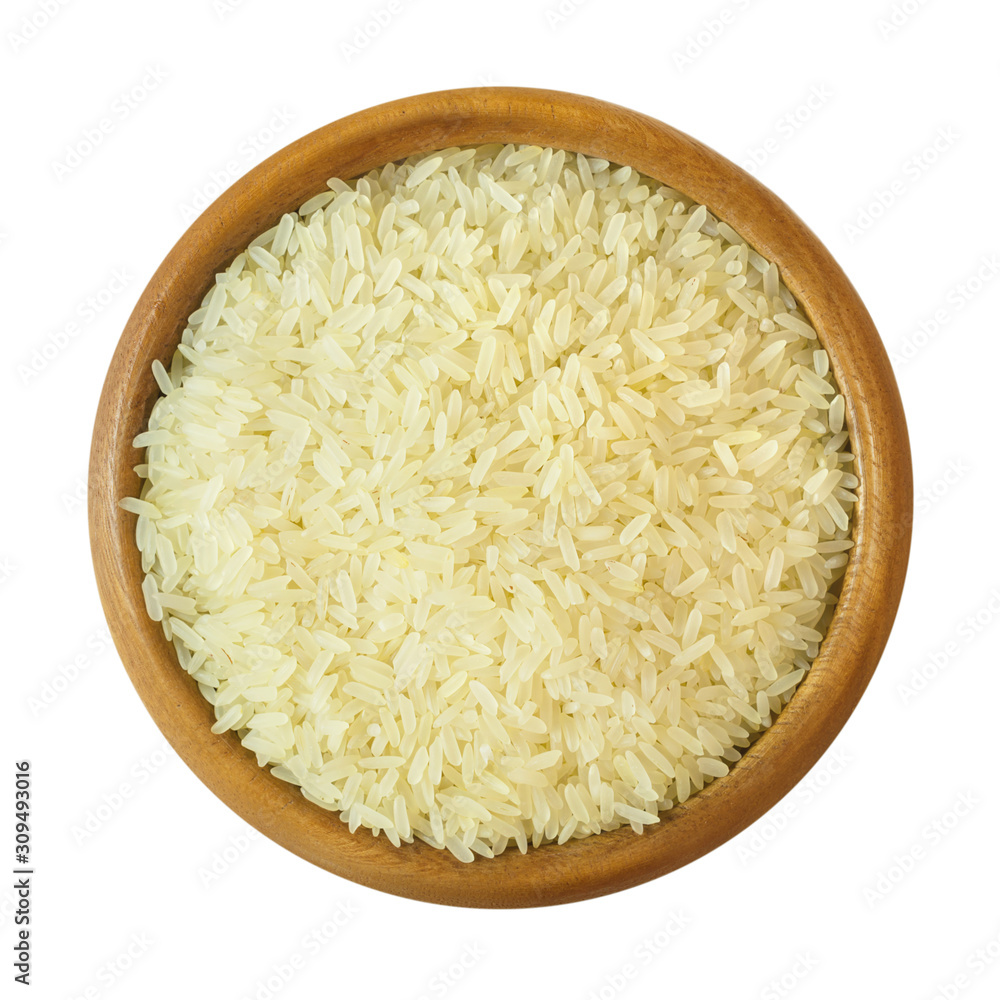 White long rice in a wooden bowl White long rice in a wooden bowl