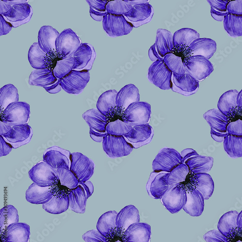 Watercolor seamless pattern with purple   flowers on pink background. Hand painted illustration. Print for fabric.