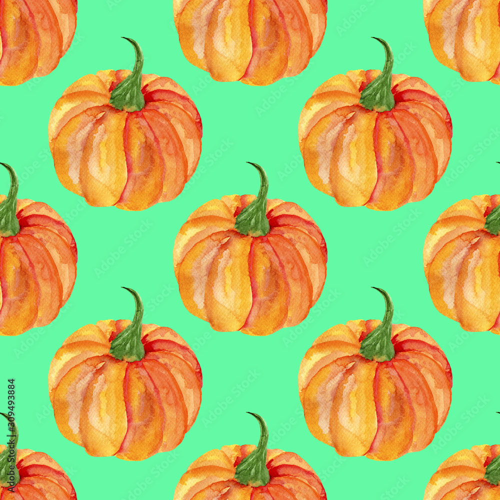 Watercolor seamless pattern with  pumpkins on green background. Hand painted illustration. Print for fabric.