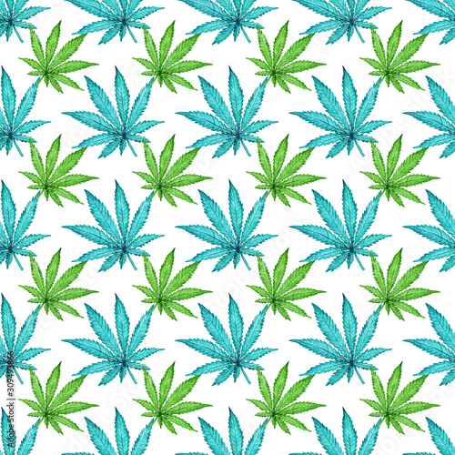 Watercolor seamless pattern with blue and green cannabis leaf isolated on white background. Hand painted illustration. Botanical print for fabric and wrapping paper. 