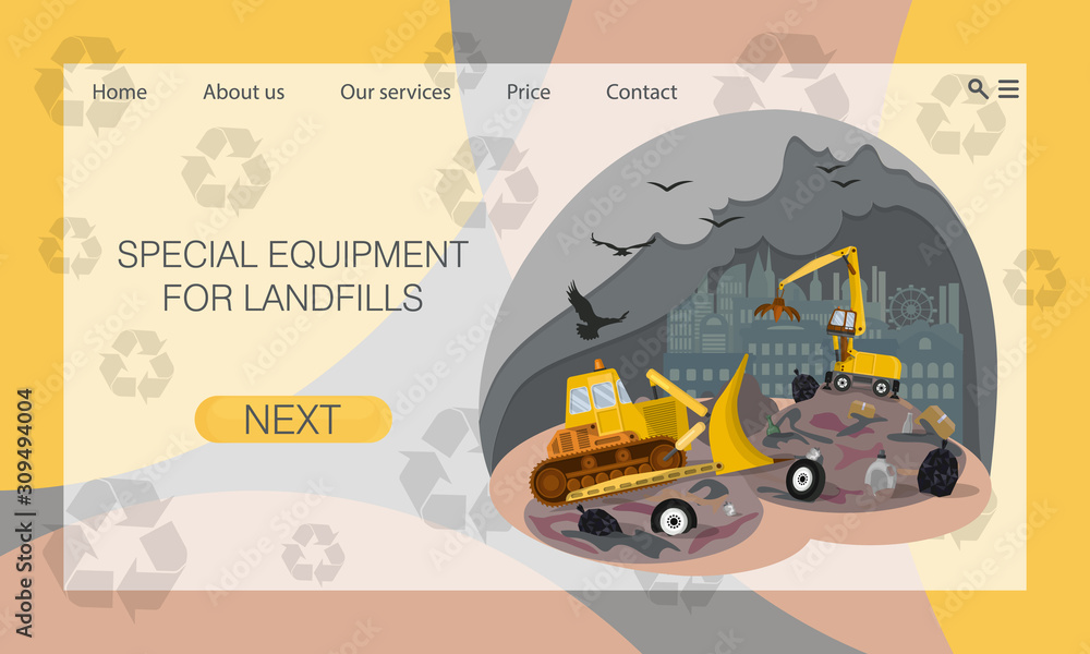 City dump, landfill. Special equipment. Problem of waste disposal. Concept of website, landing page design template
