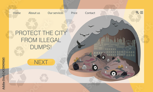 Illegal city dump, landfill. Solving environmental problems of pollution cities. Concept of website, landing page design template
