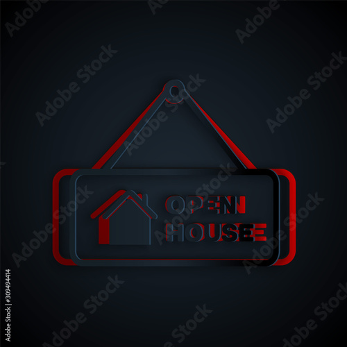 Paper cut Hanging sign with text Open house icon isolated on black background. Signboard with text Open house. Paper art style. Vector Illustration