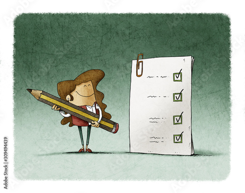 woman with a pencil next to a big questionnaire he has just completed.