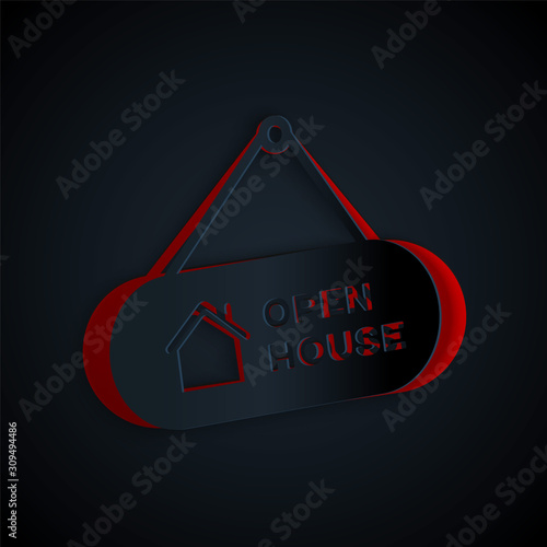 Paper cut Hanging sign with text Open house icon isolated on black background. Signboard with text Open house. Paper art style. Vector Illustration
