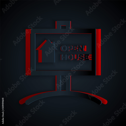 Paper cut Hanging sign with text Open house icon isolated on black background. Signboard with text Open house. Paper art style. Vector Illustration
