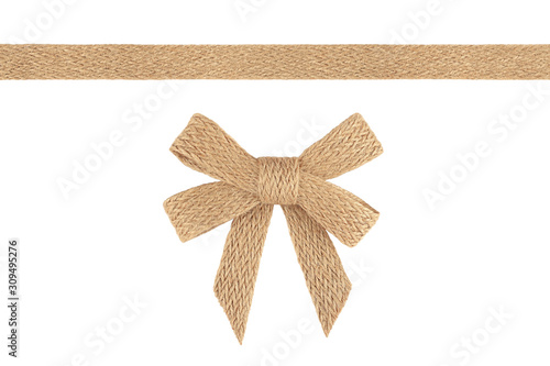 Burlap ribbon bow isolated on white background