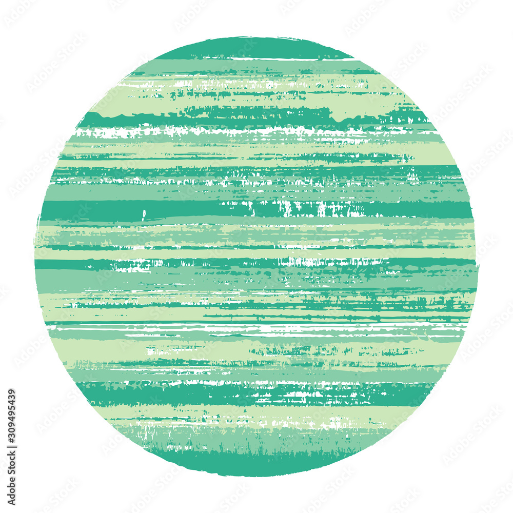 Abrupt circle vector geometric shape with striped texture of ink horizontal lines. Planet concept with old paint texture. Stamp round shape logotype circle with grunge background of stripes.