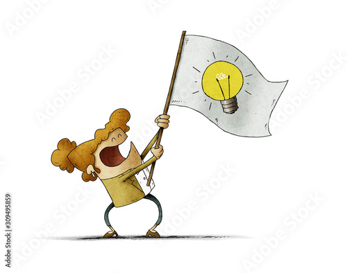 woman waves a flag with the symbol of a light bulb. Idea concept. isolated