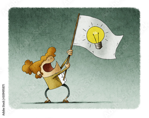 businesswoman waves a flag with the symbol of a light bulb.