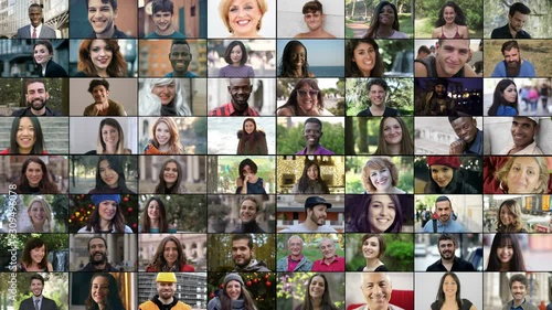 Composition of differerent for age, race, sex people smiling at camera