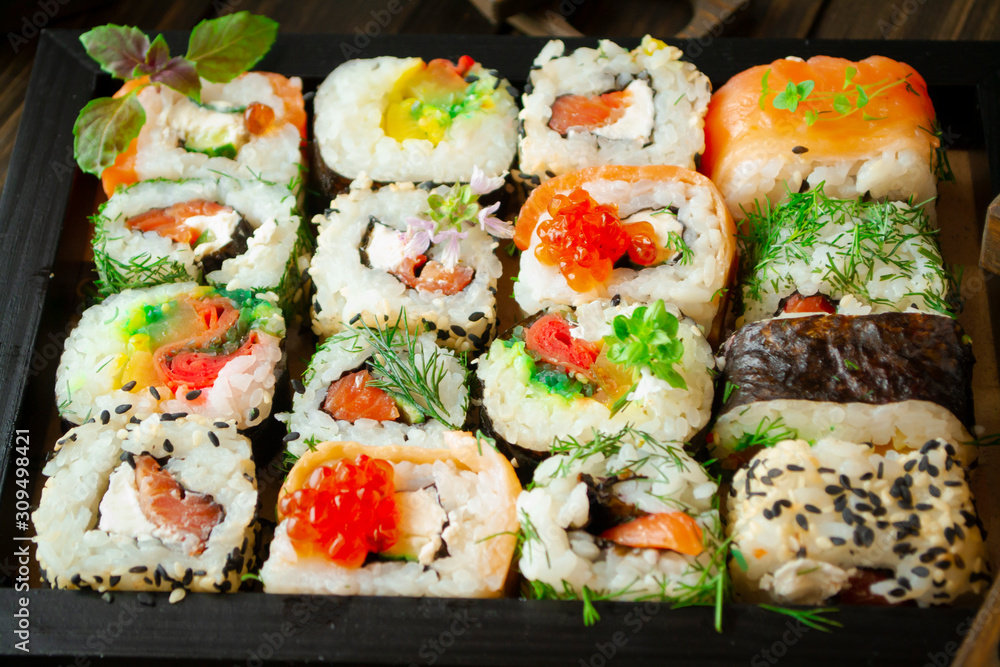 Varius mosaic sushi roll, close up image Varius mosaic sushi roll, close up image