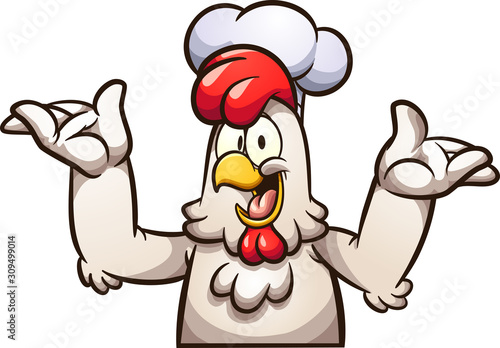 Happy cartoon chef chicken with arms up. Vector clip art illustration with simple gradients. All in a single layer.