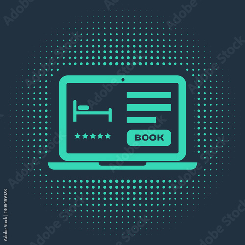Green Online hotel booking icon isolated on blue background. Online booking design concept for laptop. Abstract circle random dots. Vector Illustration