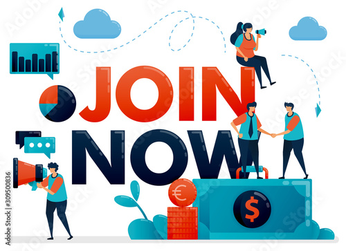 Join now poster for referral program. Promotion of we are hiring . Announcement for employee vacancy, recruitment. Flat character vector illustration for landing page, web, banner, mobile apps, poster