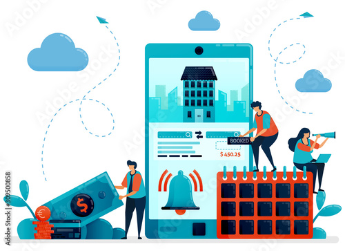 Reservation, booking, order, purchases for hotel room and apartment. Mobile apps services for traveling and trip. Flat character vector illustration for landing page, web, banner, mobile apps, poster
