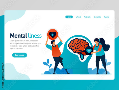 Illustration of mental illness. People love to brain problem. Health therapy for trouble people. Mental healing and treatment. Vector cartoon for website homepage header landing web page template apps