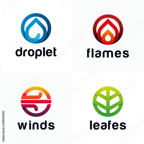 Modern Iconic Four Elements (Fire, Air, Water, Earth, Leaf) Line Symbols Icon logo