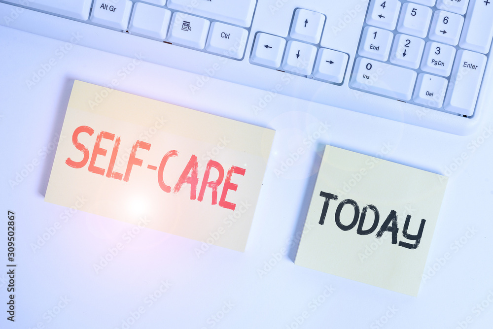 Text sign showing Self Care. Business photo showcasing the practice of taking action to improve one s is own health Flat lay above blank copy space sticky notes with business concept Text sign showing Self Care. Business photo showcasing the practice of taking action to improve one s is own health Flat lay above blank copy space sticky notes with business concept