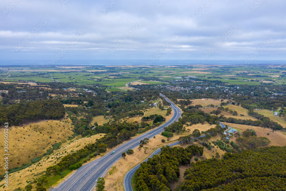 A road system running through large green farmland south of Adelaide in Australia