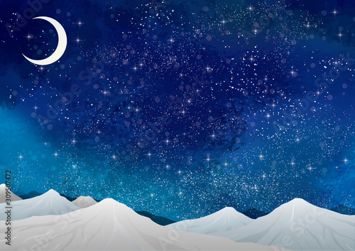 冬の景色：水彩　冬　景色　山　雪　雪山　星　夜空　キラキラ　ミルキーウェイ