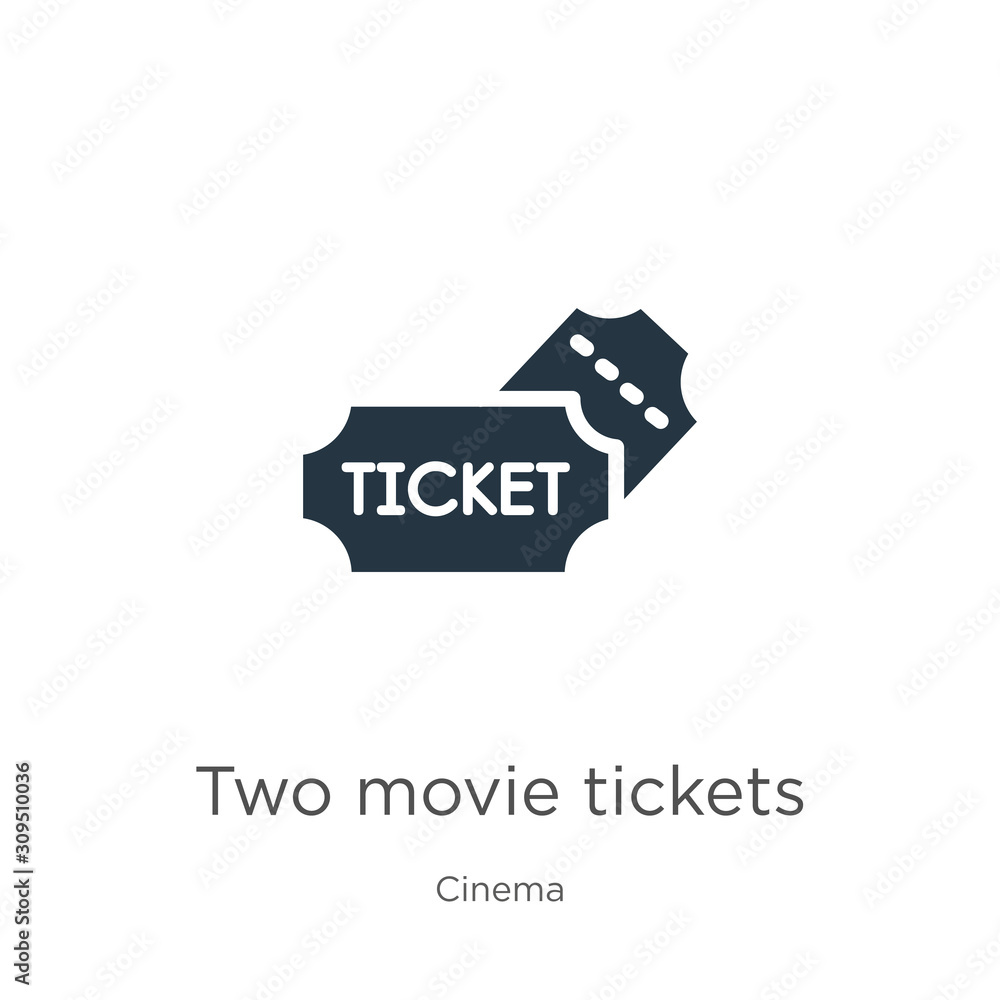 Two movie tickets icon vector. Trendy flat two movie tickets icon from cinema collection isolated on white background. Vector illustration can be used for web and mobile graphic design, logo, eps10 Two movie tickets icon vector. Trendy flat two movie tickets icon from cinema collection isolated on white background. Vector illustration can be used for web and mobile graphic design, logo, eps10