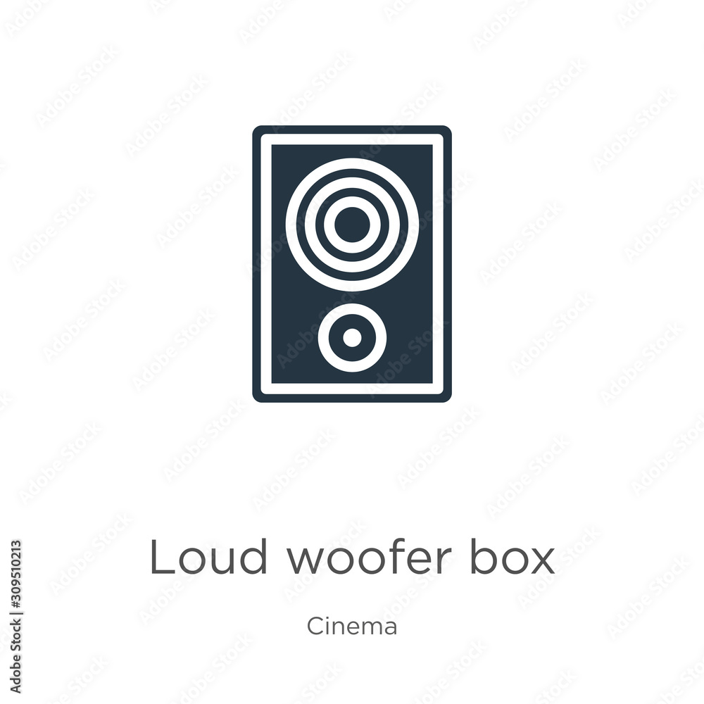 Loud woofer box icon vector. Trendy flat loud woofer box icon from cinema collection isolated on white background. Vector illustration can be used for web and mobile graphic design, logo, eps10 Loud woofer box icon vector. Trendy flat loud woofer box icon from cinema collection isolated on white background. Vector illustration can be used for web and mobile graphic design, logo, eps10