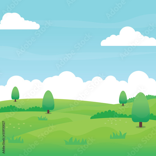 Nature landscape vector with green field  grass  trees  blue sky and clouds suitable for background or illustration 