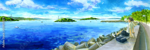 A Japanese high school girl sitting beside the Seto Inland Sea