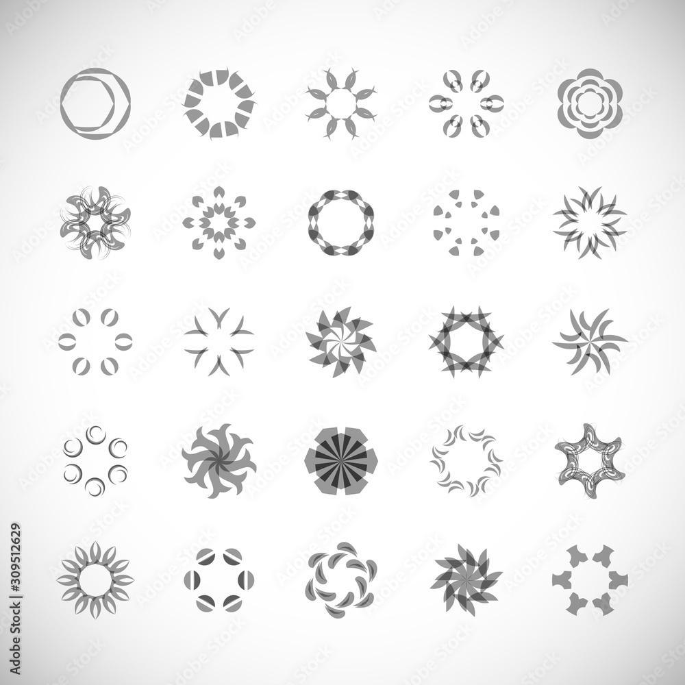 Abstract Circle Icon Set. Vector Isolated On Gray. Abstract Circular Logo For Company Symbol, Star, Tech Icon And Element Design. Creative Icons For Flower And Decorative Logo. Abstract Round Template