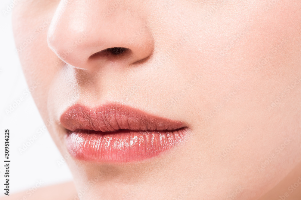 Perfect natural lip makeup. Close up macro photo with beautiful female mouth.