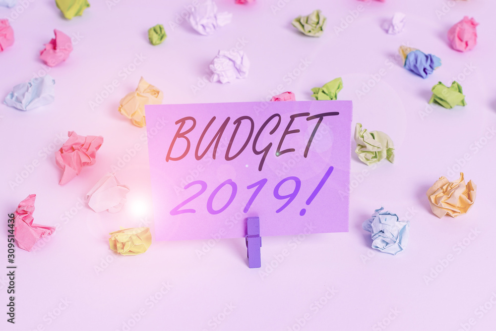 Handwriting text writing Budget 2019. Conceptual photo estimate of income and expenditure for current year Colored crumpled papers empty reminder white floor background clothespin