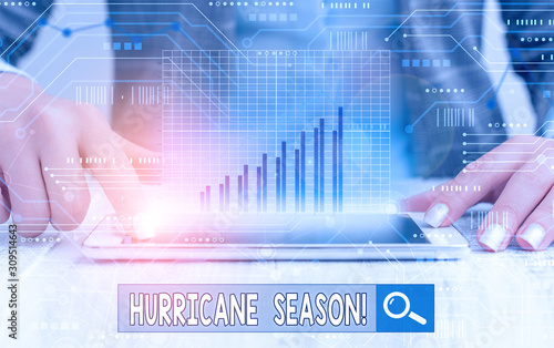 Writing note showing Hurricane Season. Business concept for time when most tropical cyclones are expected to develop