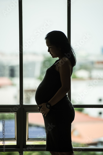 Pregnant woman standing against the window