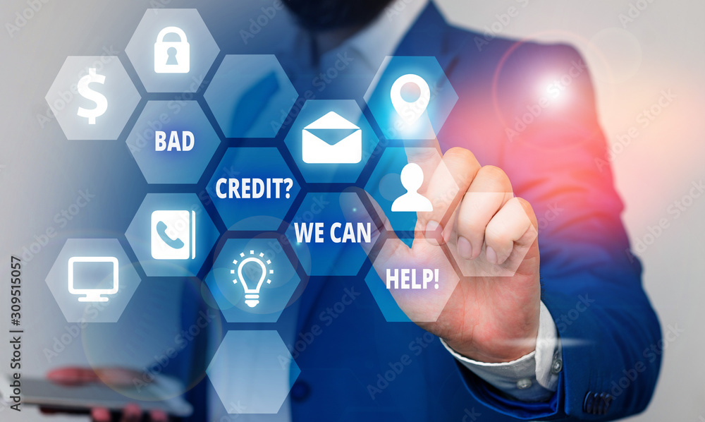 Word writing text Bad Creditquestion We Can Help. Business photo showcasing offerr help to gain positive payment history Word writing text Bad Creditquestion We Can Help. Business photo showcasing offerr help to gain positive payment history