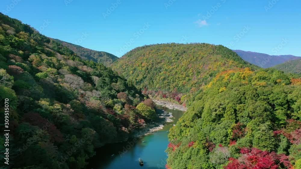 Aerial view 4k by drone of Katsura river at autumn and boats. Arashiyama, Kyoto, Japan Aerial view 4k by drone of Katsura river at autumn and boats. Arashiyama, Kyoto, Japan