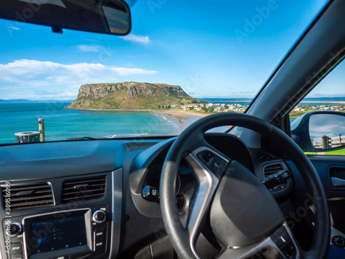 Stunning view from car front seat of The Nut -- a volcanic plug in town of Stanley outside window. Stanley, Tasmania, Australia © Doublelee