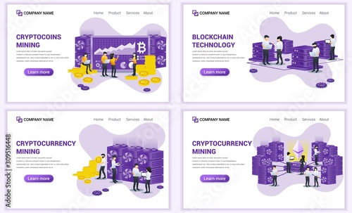 Set of web page design templates for block chain technology and Cryptocurrency concept. Can use for web banner, poster, infographics, landing page, web template. Flat vector illustration