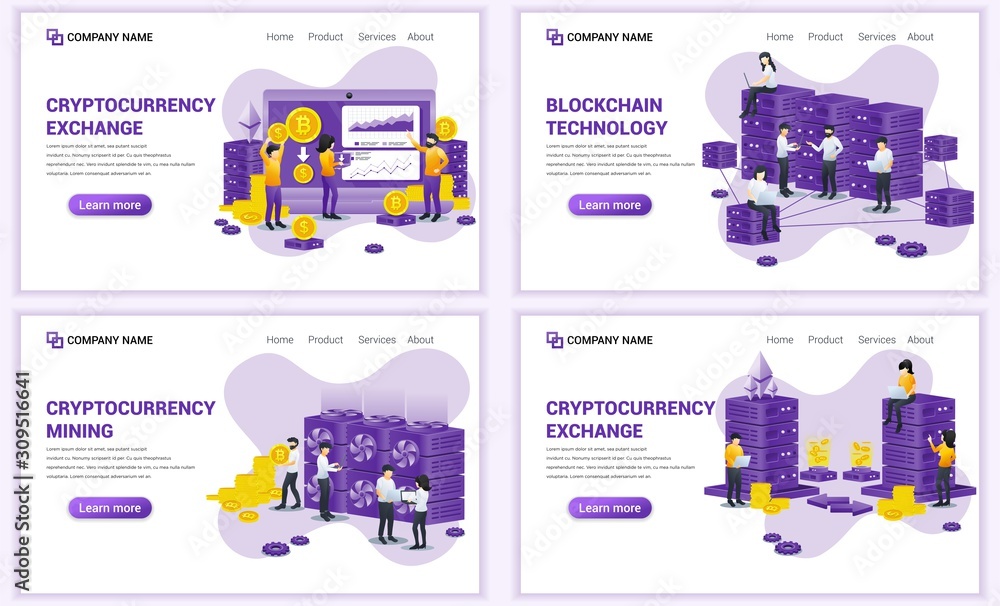 Set of web page design templates for block chain technology and Cryptocurrency concept. Can use for web banner, poster, infographics, landing page, web template. Flat vector illustration