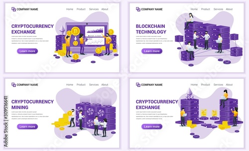 Set of web page design templates for block chain technology and Cryptocurrency concept. Can use for web banner, poster, infographics, landing page, web template. Flat vector illustration