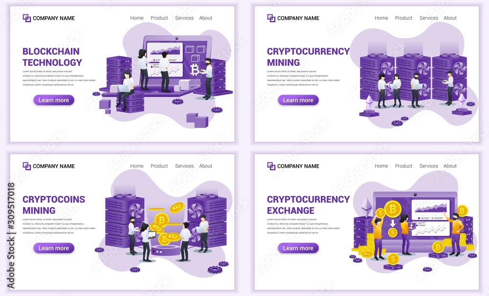 Set of web page design templates for block chain technology and Cryptocurrency concept. Can use for web banner, poster, infographics, landing page, web template. Flat vector illustration Set of web page design templates for block chain technology and Cryptocurrency concept. Can use for web banner, poster, infographics, landing page, web template. Flat vector illustration