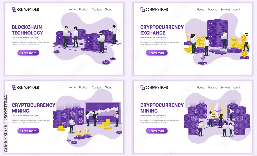 Set of web page design templates for block chain technology and Cryptocurrency concept. Can use for web banner, poster, infographics, landing page, web template. Flat vector illustration Set of web page design templates for block chain technology and Cryptocurrency concept. Can use for web banner, poster, infographics, landing page, web template. Flat vector illustration