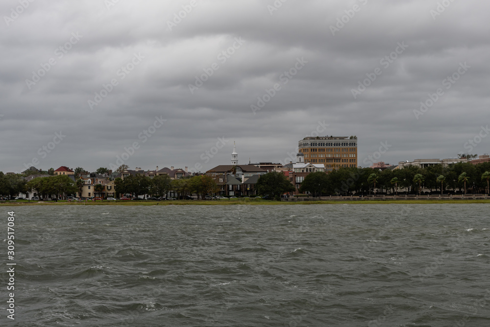 Scenic Charleston waterfront vista on a heavily overcast rainy day, South Carolina