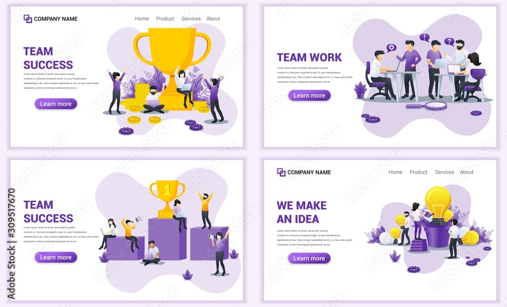 Set of web page design templates for business, success business and team work. Can use for web banner, poster, infographics, landing page, web template. Flat vector illustration