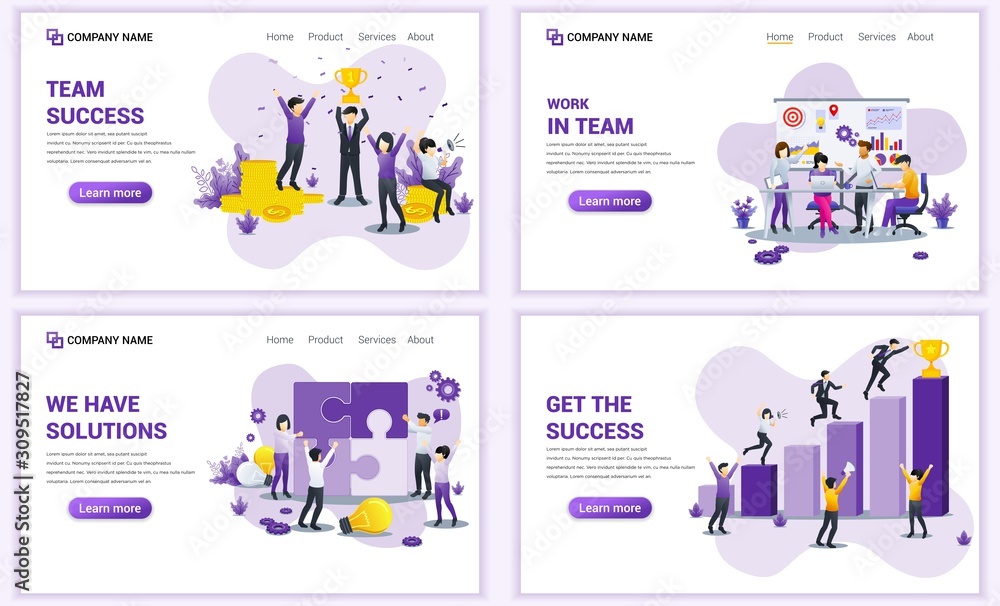 Set of web page design templates for business, success business and team work. Can use for web banner, poster, infographics, landing page, web template. Flat vector illustration