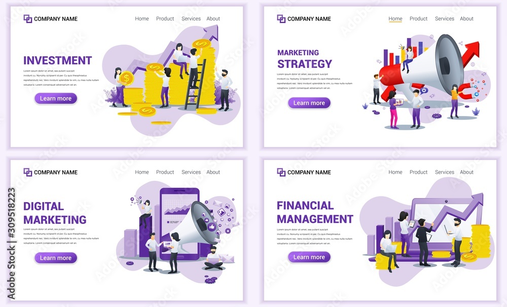 Set of web page design templates for investment, financial management, marketing strategy. Can use for web banner, poster, infographics, landing page, web template. Flat vector illustration Set of web page design templates for investment, financial management, marketing strategy. Can use for web banner, poster, infographics, landing page, web template. Flat vector illustration