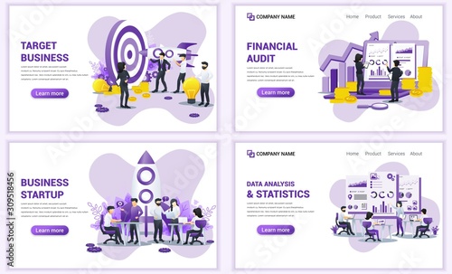 Set of web page design templates for target business, startup, financial audit and statistics. Can use for web banner, poster, infographics, landing page, web template. Flat vector illustration © agny_illustration