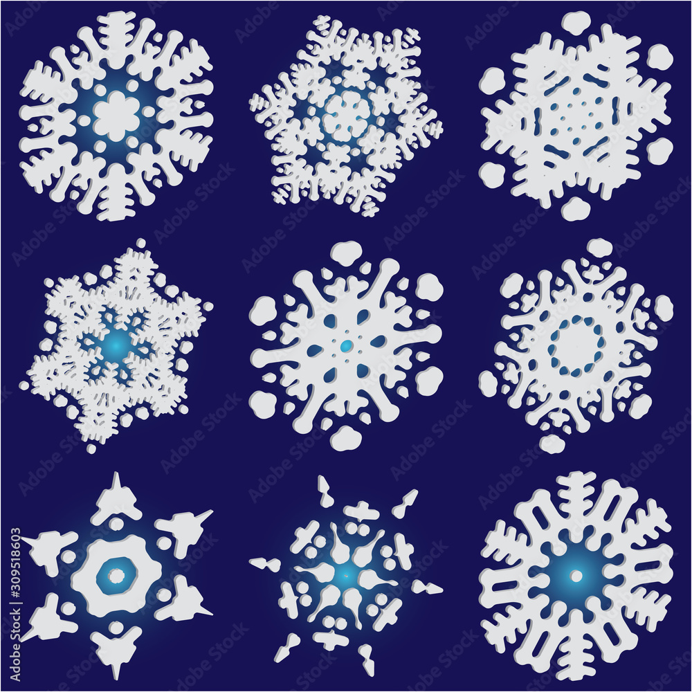Kit of simple, beautiful snowflakes on blue background. Kit of simple, beautiful snowflakes on blue background.