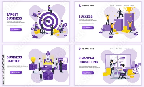 Set of web page design templates for target business, startup, financial consulting. Can use for web banner, poster, infographics, landing page, web template. Flat vector illustration © agny_illustration